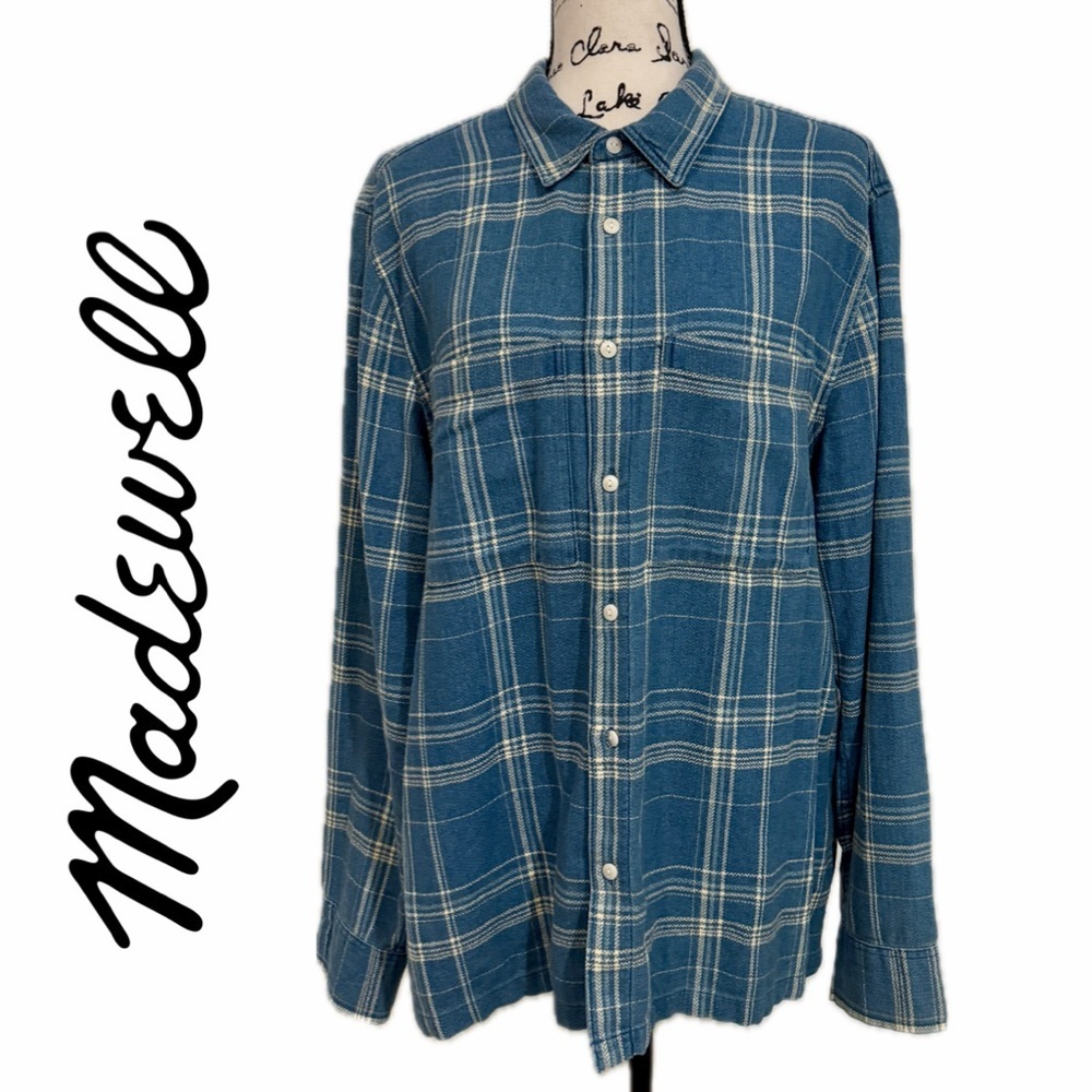 Madewell Shacket‎ Plaid Men's Button Down Dusty Blue/White Sz M Western Heritage